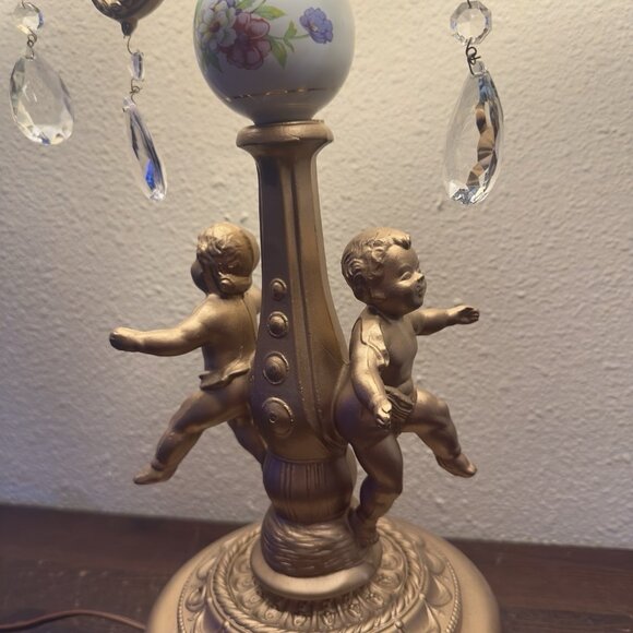 Vtg Electric Table Lamp Cherub Putti Italian Gold Tole Candelabra Prisms 27” - Picture 2 of 16